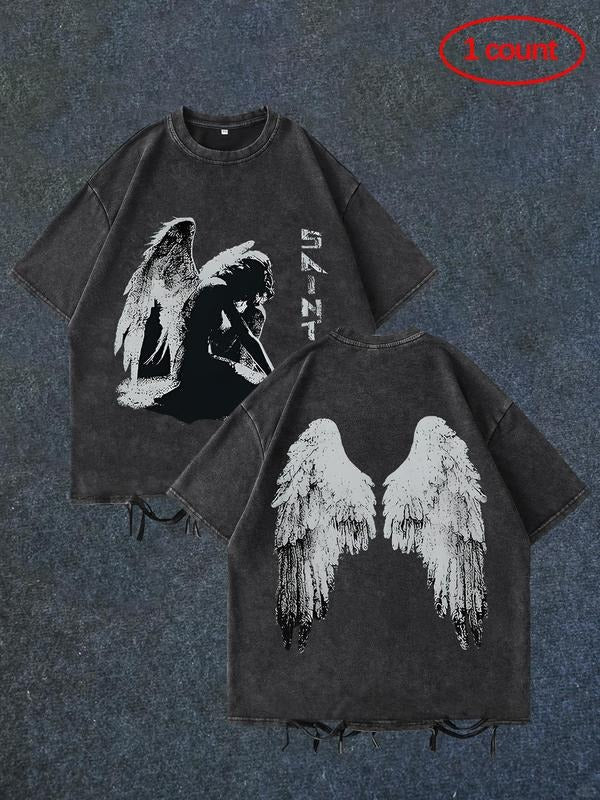 Men'WB shield Angel Wing Print Ripped Tee, Regular Fit Casual Short Sleeve T-shirt for Daily Wear, Men'WB shield Top for...