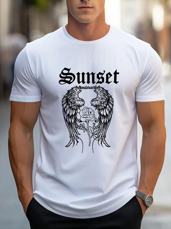 Men'WB shield Angel Wings & Letter Print Round Neck Tee, Loose Casual Fashion Short Sleeve T-shirt for Summer, Men'WB...