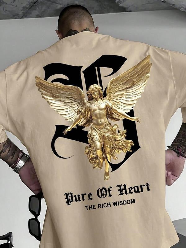 Men'WB shield Angel Wings & Letter Print Short Sleeve Tee, Regular Fit Casual Street Round Neck T-shirt for Daily Wear,...