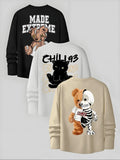 Men'WB shield Bear & Cat & Skeleton Print Long Sleeve Tee, Regular Fit Casual Letter Graphic Crew Neck T-shirt for Fall,...