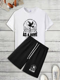 Men'WB shield Bird & Letter Print Short Sleeve Tee & Shorts Straw hat pirates Set, Loose Casual Round Neck T-shirt &...