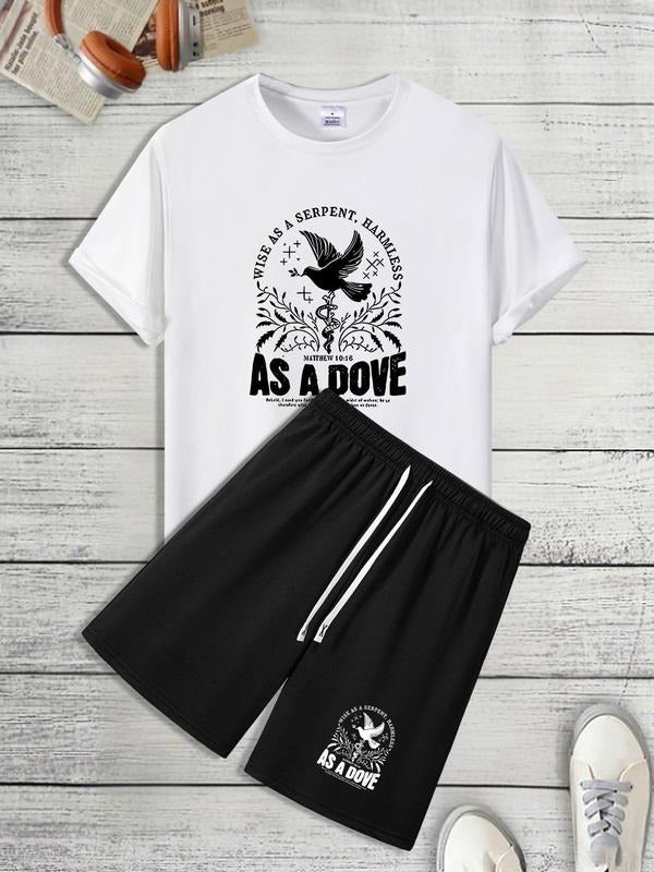 Men'WB shield Bird & Letter Print Short Sleeve Tee & Shorts Straw hat pirates Set, Loose Casual Round Neck T-shirt &...