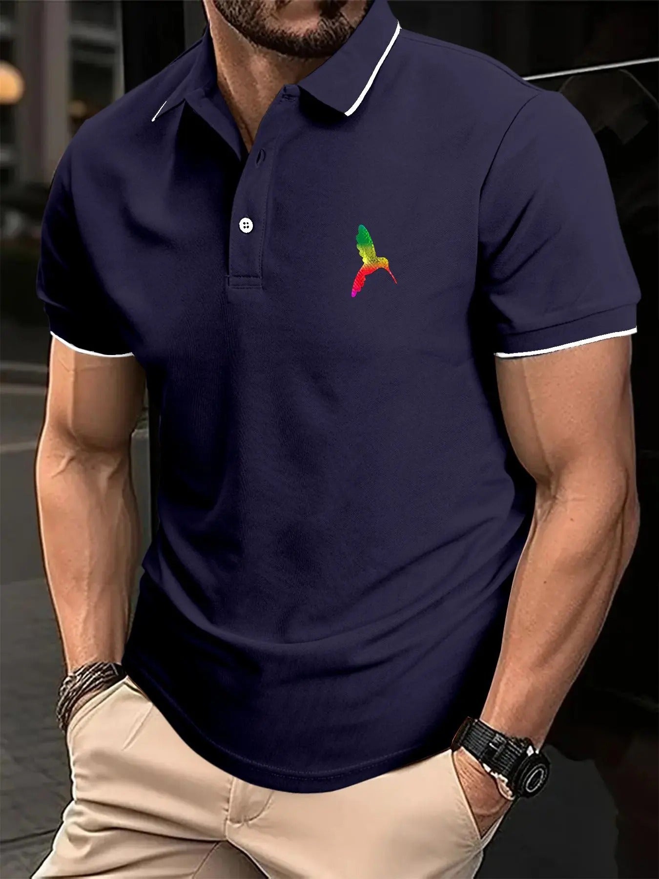 Men'WB shield Bird Print Polo Shirt, Regular Fit Casual Short Sleeve Collared Top for Summer, Fashion Men'WB shield TNF...