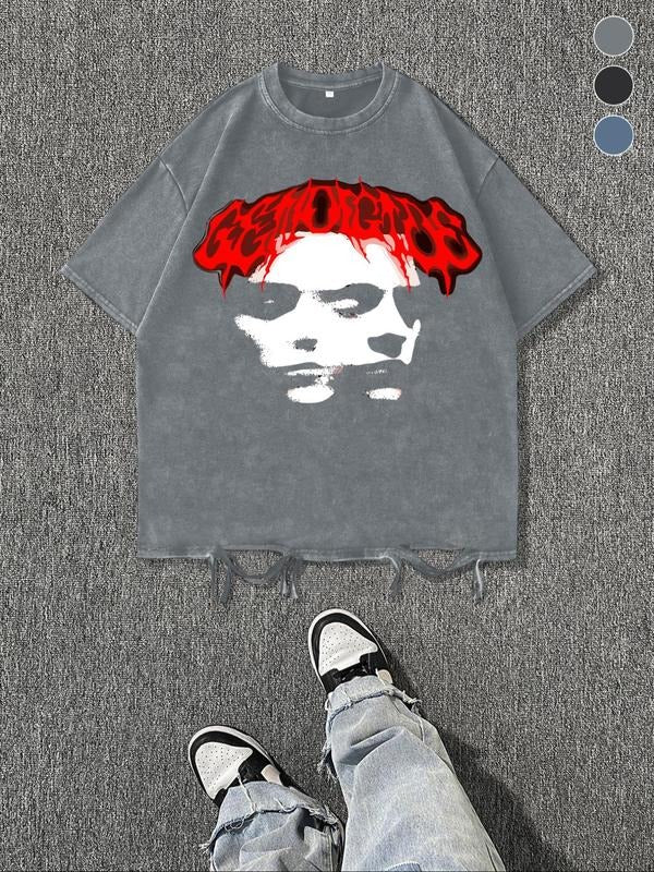 Men'WB shield Bloodstain Print Distressed Graphic Tee, Regular Fit Casual Short Sleeve Round Neck T-shirt for Summer,...