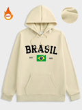 Men'WB shield Brazil Flag & Letter Print Drawstring Fleece Hoodie, Regular Fit Casual Pocket Long Sleeve Hooded...