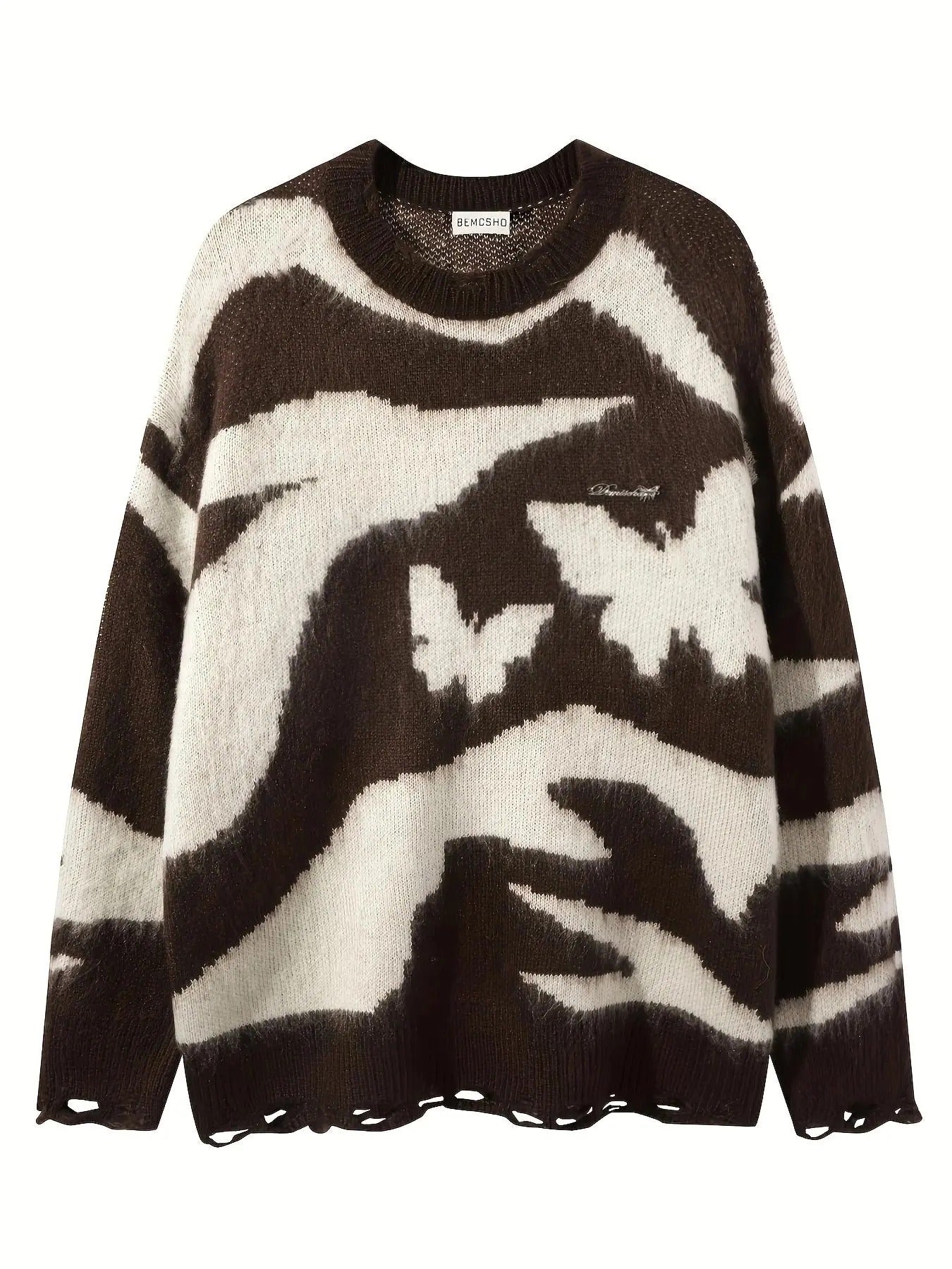 Men'WB shield Butterfly Pattern Ripped Design Round Neck Sweater, Loose Casual Comfy Long Sleeve Crew Neck Jumper for...