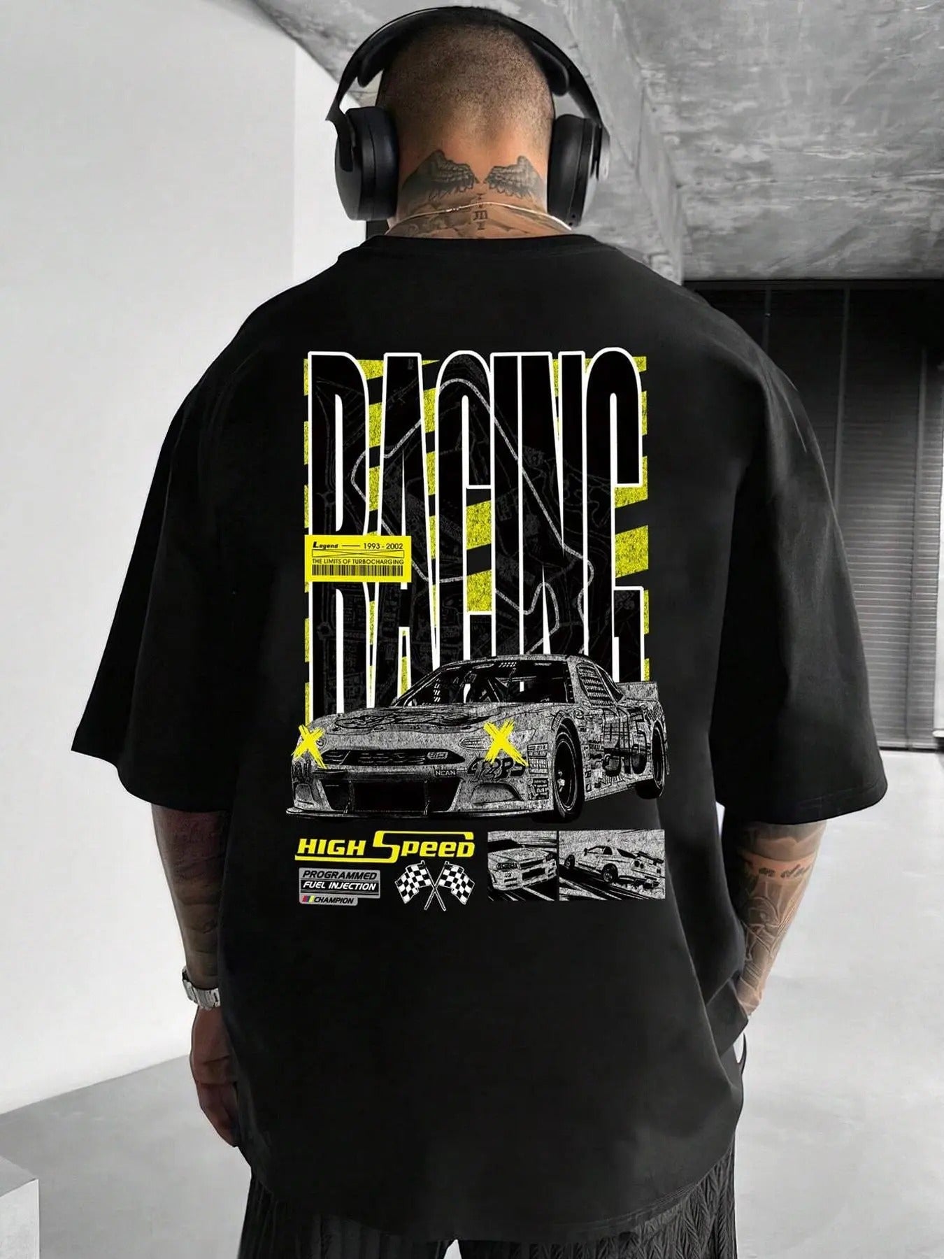 Men'WB shield Car & Letter Print Drop Shoulder Graphic Tee, Regular Fit Casual Short Sleeve Round Neck T-Shirt for...