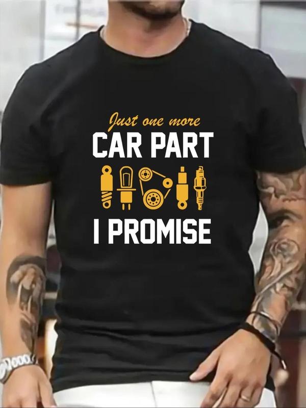 Men'WB shield Car Part & Letter Print Round Neck Tee, Regular Fit Casual Short Sleeve T-Shirt, Men'WB shield Summer Top...