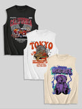 Men'WB shield Cartoon Bear & Car Print Round Neck Tank Top, Bestie Vests, Casual Regular Fit Letter Graphic Sleeveless...