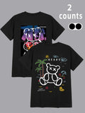 Men'WB shield Cartoon Bear & Landscape Print Round Neck Tee, Loose Casual Short Sleeve T-shirt for Daily Wear, Men'WB...