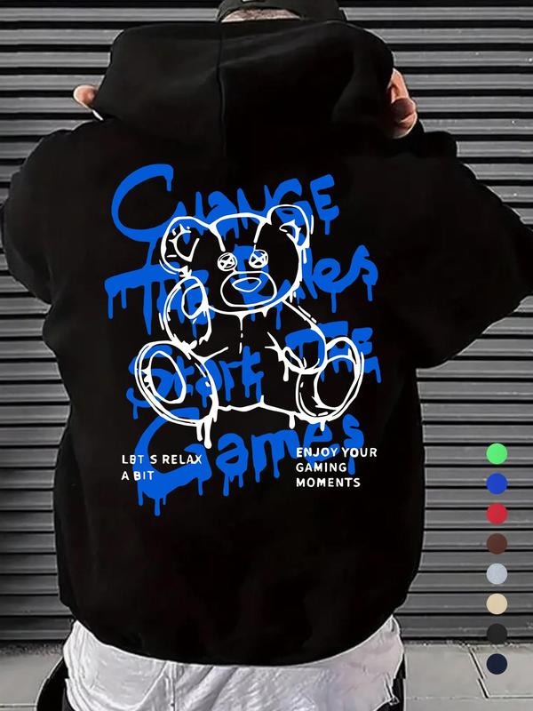 Men'WB shield Cartoon Bear & Letter Print Drop Shoulder Hoodie, Fashion Casual Regular Fit Drawstring Pocket Hooded...