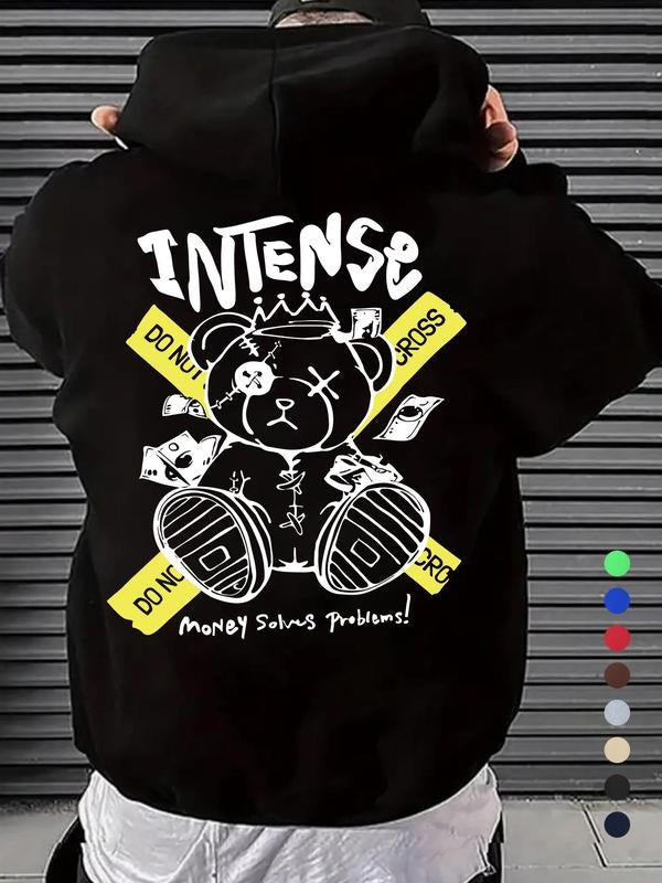 Men'WB shield Cartoon Bear & Letter Print Drop Shoulder Hoodie, Fashion Casual Regular Fit Drawstring Pocket Hooded...