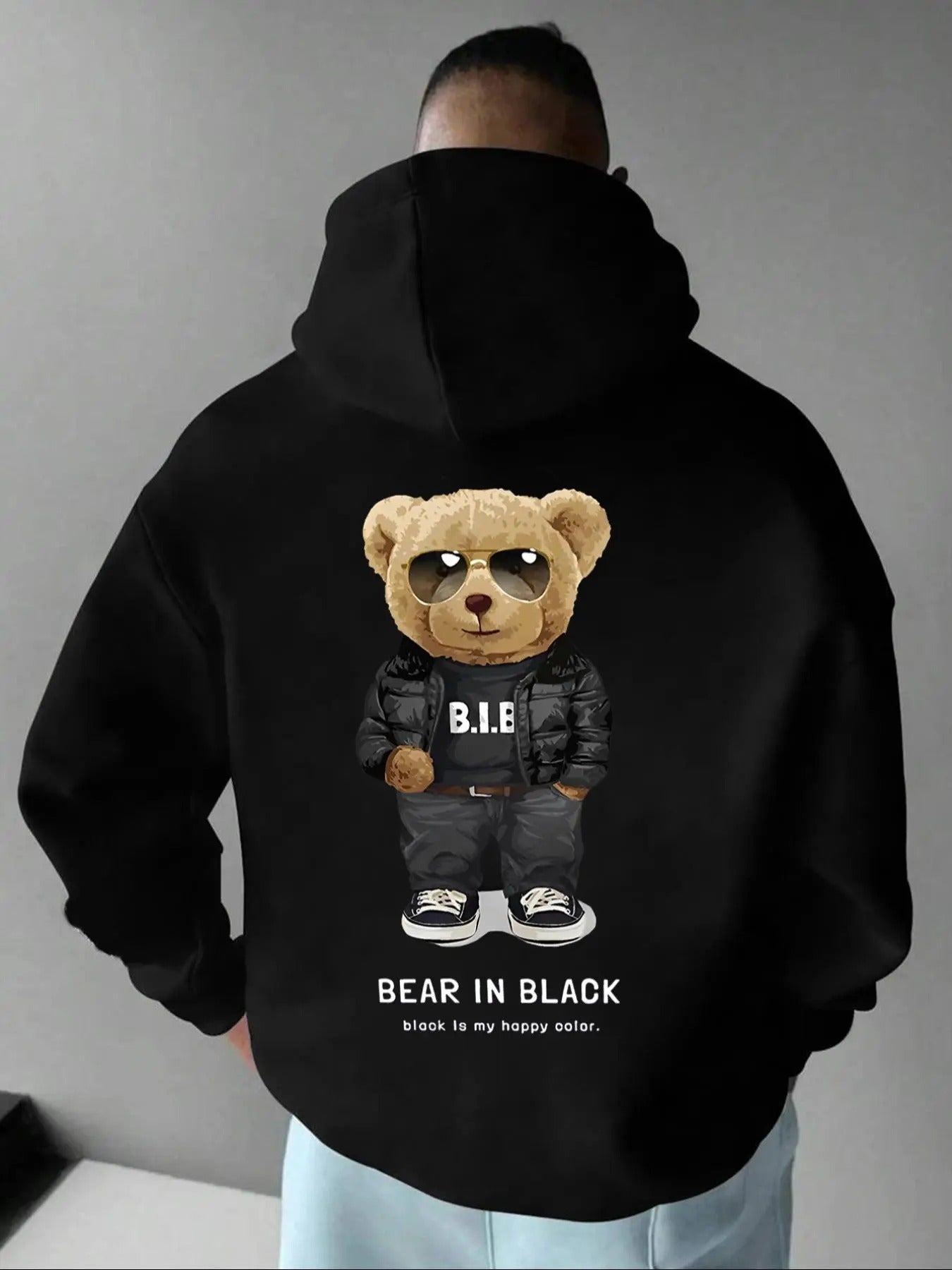 Men'WB shield Cartoon Bear & Letters Print Drop Shoulder Hoodie, Fashion Casual Regular Fit Kangaroo Pocket Hooded...