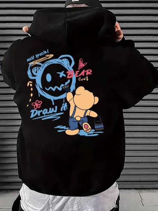 Men'WB shield Cartoon Bear Print Drop Shoulder Hoodie, Fashion Casual Regular Fit Drawstring Pocket Hooded Sweatshirt for...
