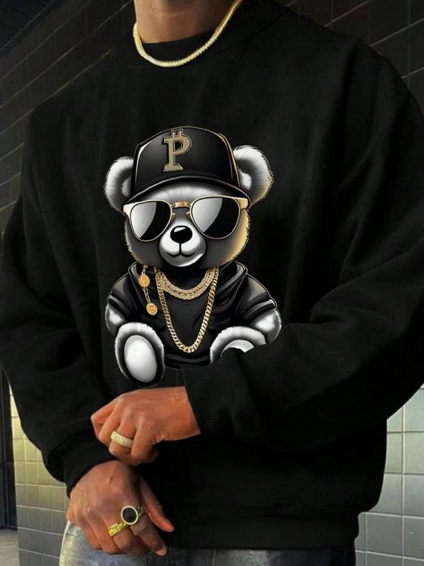Men'WB shield Cartoon Bear Print Drop Shoulder TNF Lined Sweatshirt, Regular Fit Casual Long Sleeve Round Neck Pullover...
