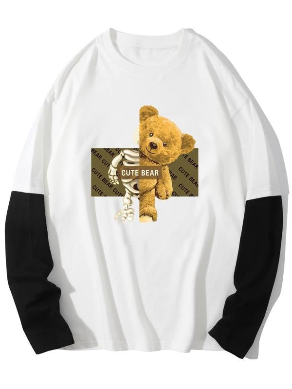 Men'WB shield Cartoon Bear Print Drop Shoulder Vintage Graphic Tee, Trendy Casual Boyfriend Style Round Neck Long Sleeve...