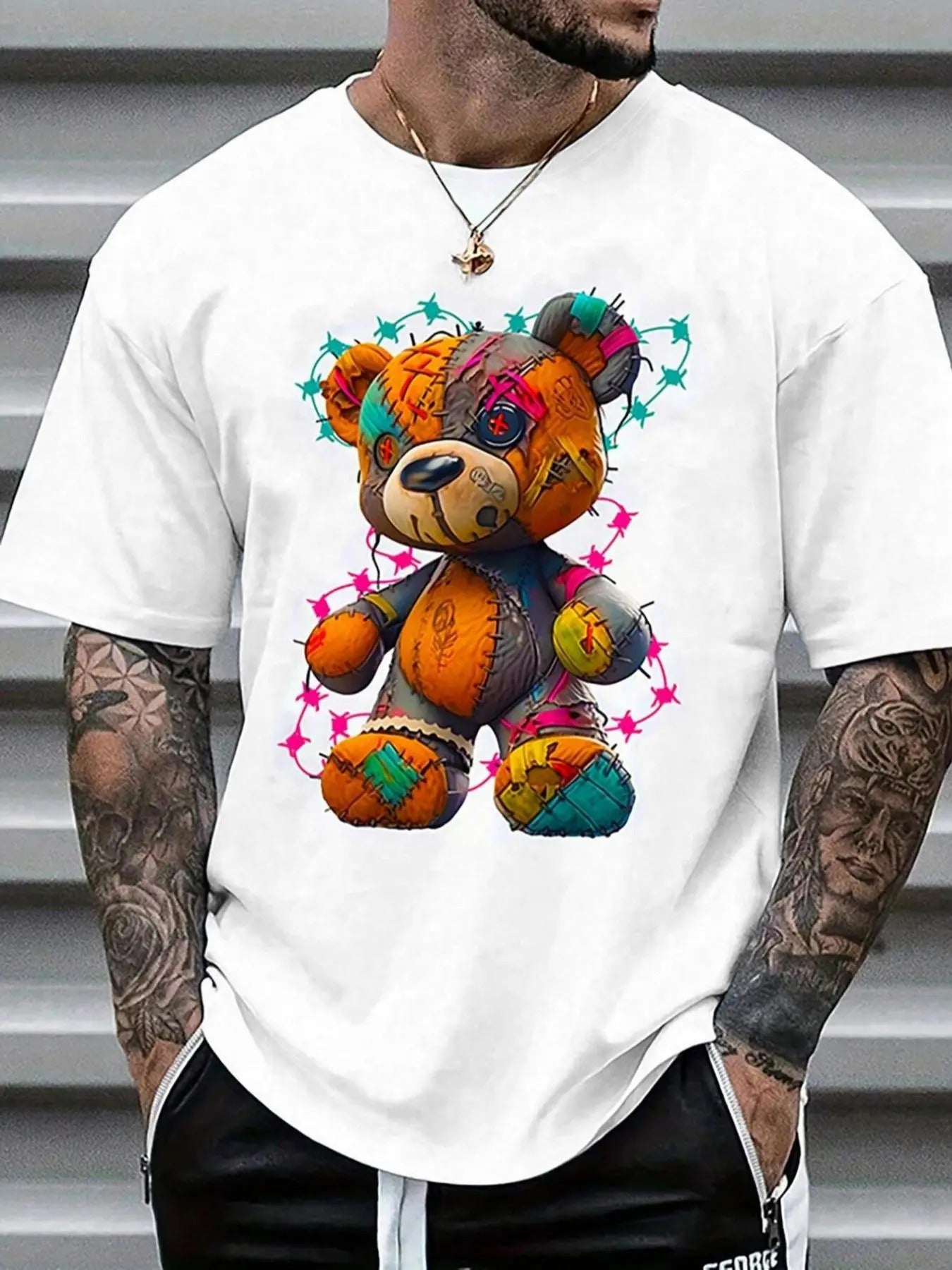 Men'WB shield Cartoon Bear Print Round Neck Tee, Regular Fit Casual Fashion Short Sleeve T-shirt for Summer, Men'WB...