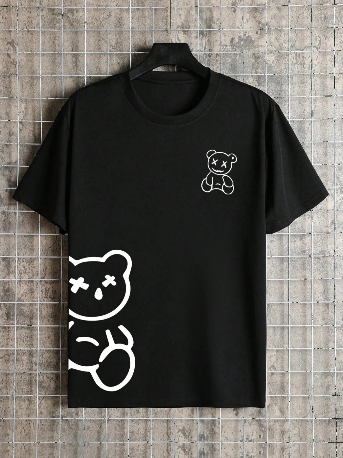 Men'WB shield Cartoon Bear Print Round Neck Tee, Regular Fit Short Sleeve Crew Neck T-Shirt for Daily Outdoor Wear,...