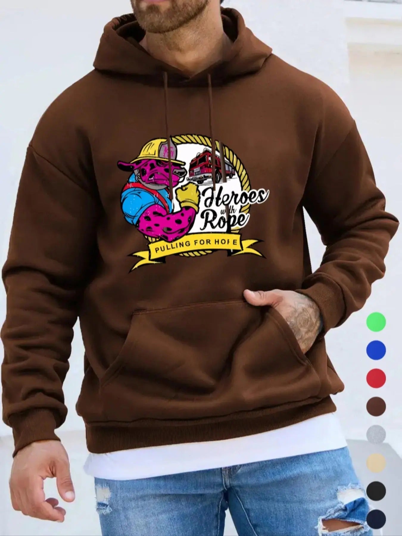 Men'WB shield Cartoon Cow & Fire Engine Print Drop Shoulder Hoodie, Fashion Casual Regular Fit Drawstring Pocket Hooded...