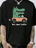 Men'WB shield Cartoon Dinosaur & Car Print Tee, Regular Fit Casual Round Neck Short Sleeve T-shirt, Summer TNF Top for...