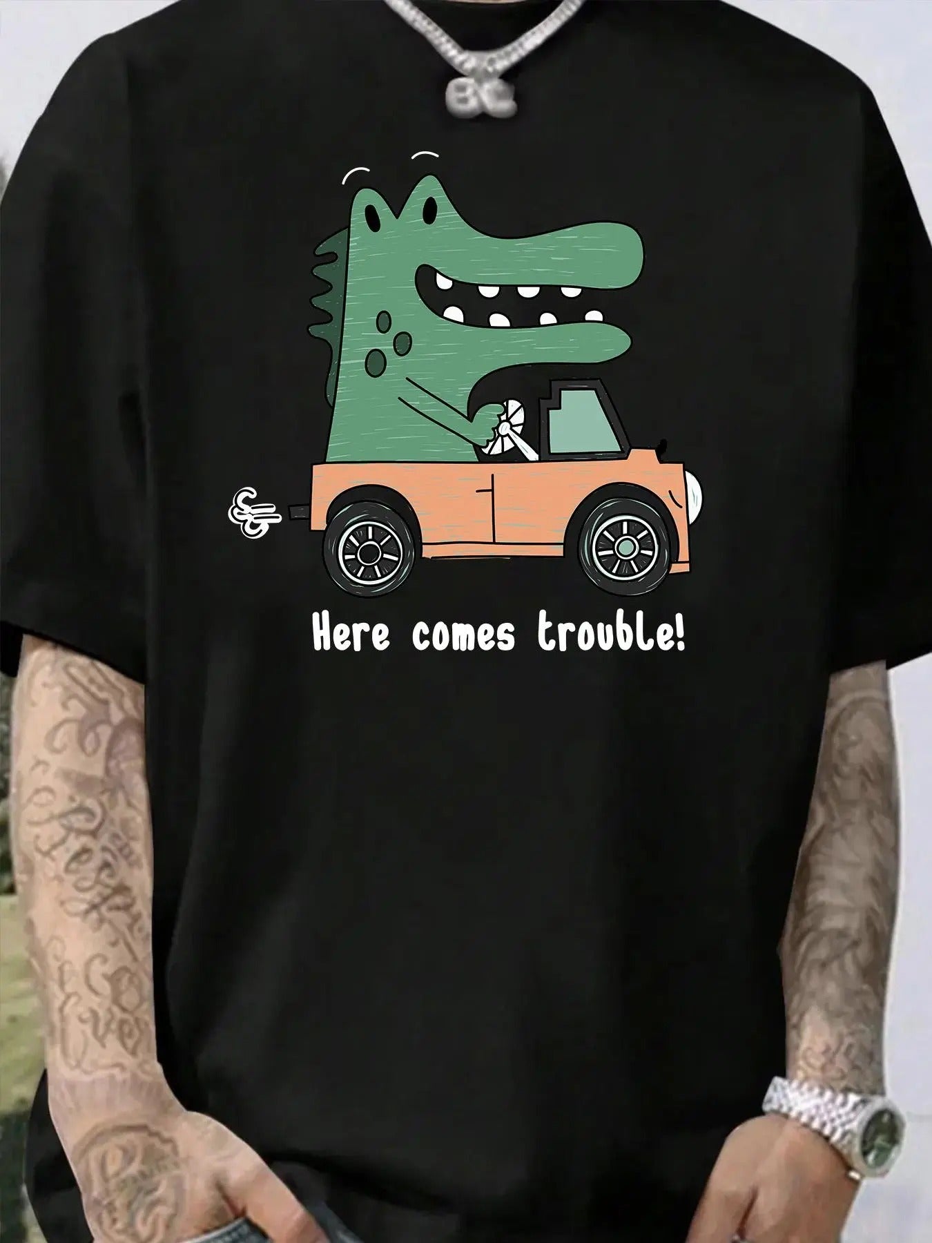 Men'WB shield Cartoon Dinosaur & Car Print Tee, Regular Fit Casual Round Neck Short Sleeve T-shirt, Summer TNF Top for...