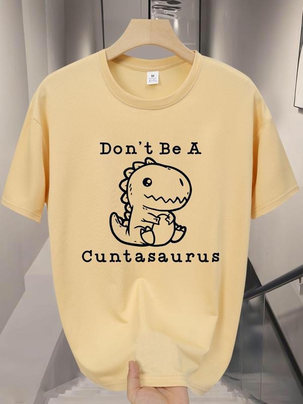 Men'WB shield Cartoon Dinosaur & Slogan Print Round Neck Tee, Regular Fit Casual Comfy Short Sleeve Crew Neck T-shirt for...