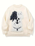Men'WB shield Cartoon Dog Pattern Round Neck Sweater, Loose Casual Comfy Long Sleeve Crew Neck Jumper for Fall & Winter,...