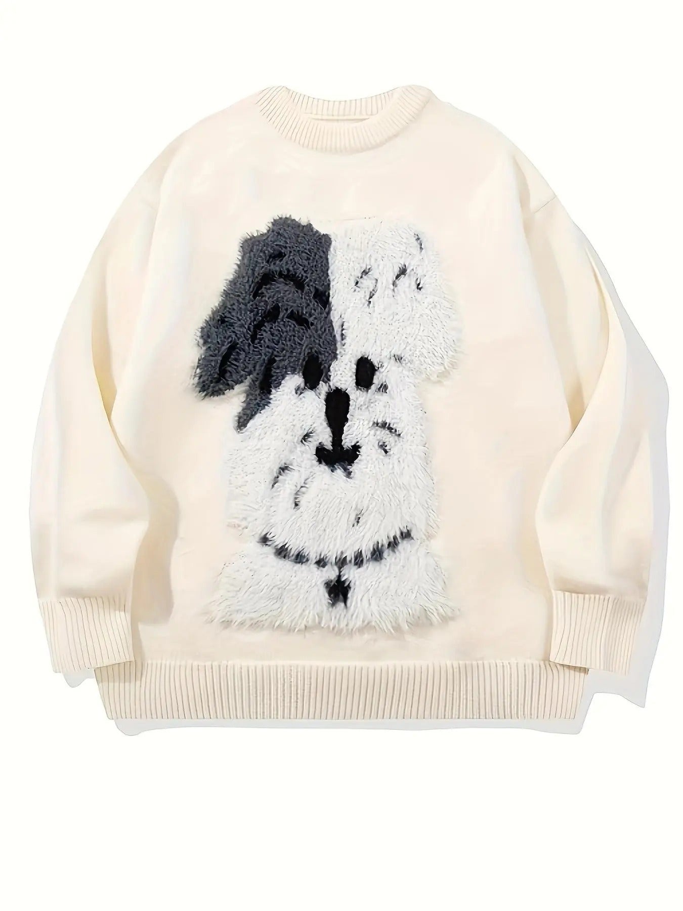 Men'WB shield Cartoon Dog Pattern Round Neck Sweater, Loose Casual Comfy Long Sleeve Crew Neck Jumper for Fall & Winter,...