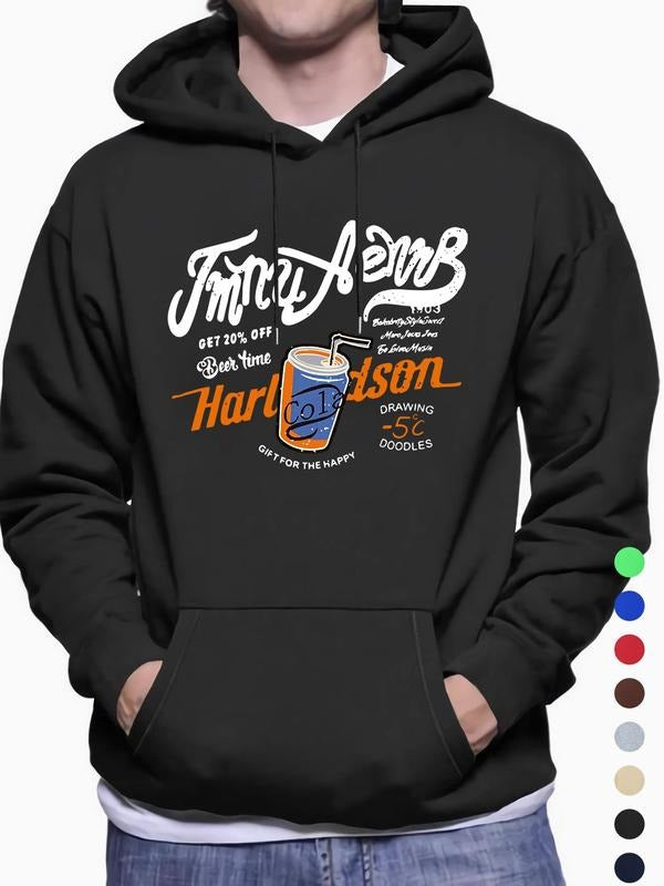 Men'WB shield Cartoon Drink & Letter Print Drop Shoulder Hoodie, Trendy Regular Fit Drawstring Kangaroo Pocket Hooded...