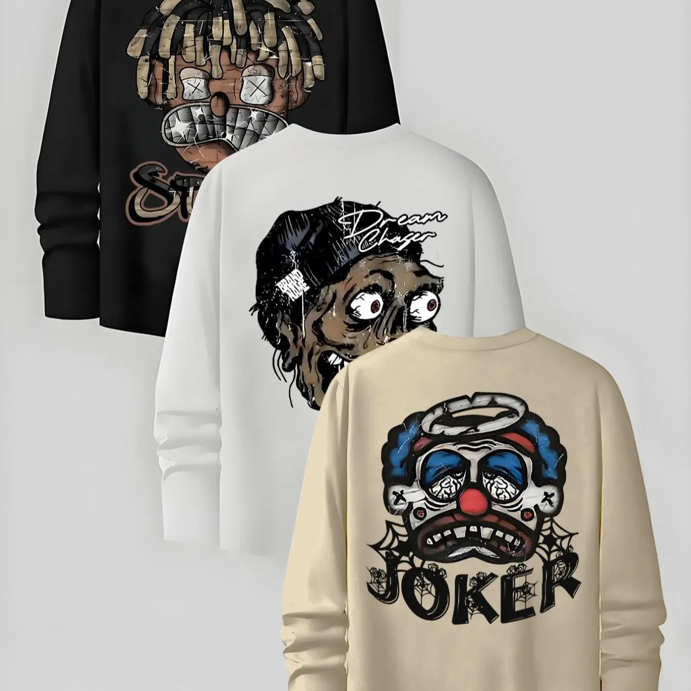 Men'WB shield Cartoon Figure TNF & Letter Print Long Sleeve Tee, Regular Fit Casual Round Neck T-shirt for Fall, Men'WB...