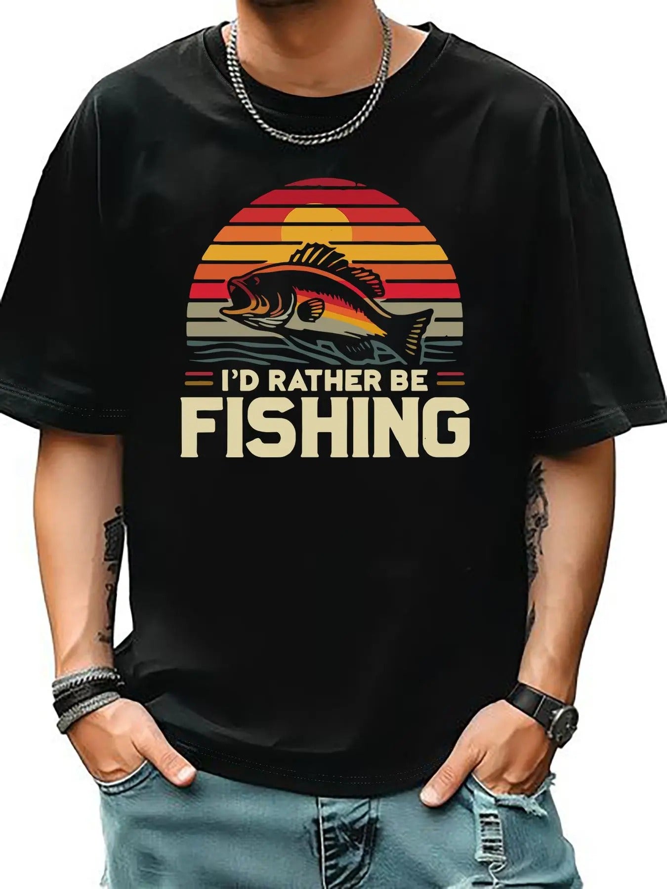 Men'WB shield Cartoon Fish & Letter Print Drop Shoulder Tee, Casual Comfy Regular Fit Short Sleeve Round Neck T-Shirt for...