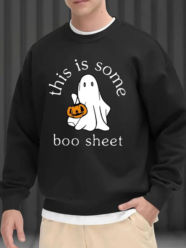 Men'WB shield Cartoon Ghost Graphic Print Polar Fleece Lined Round Neck Sweatshirt, Loose Casual Fashion Drop Shoulder...