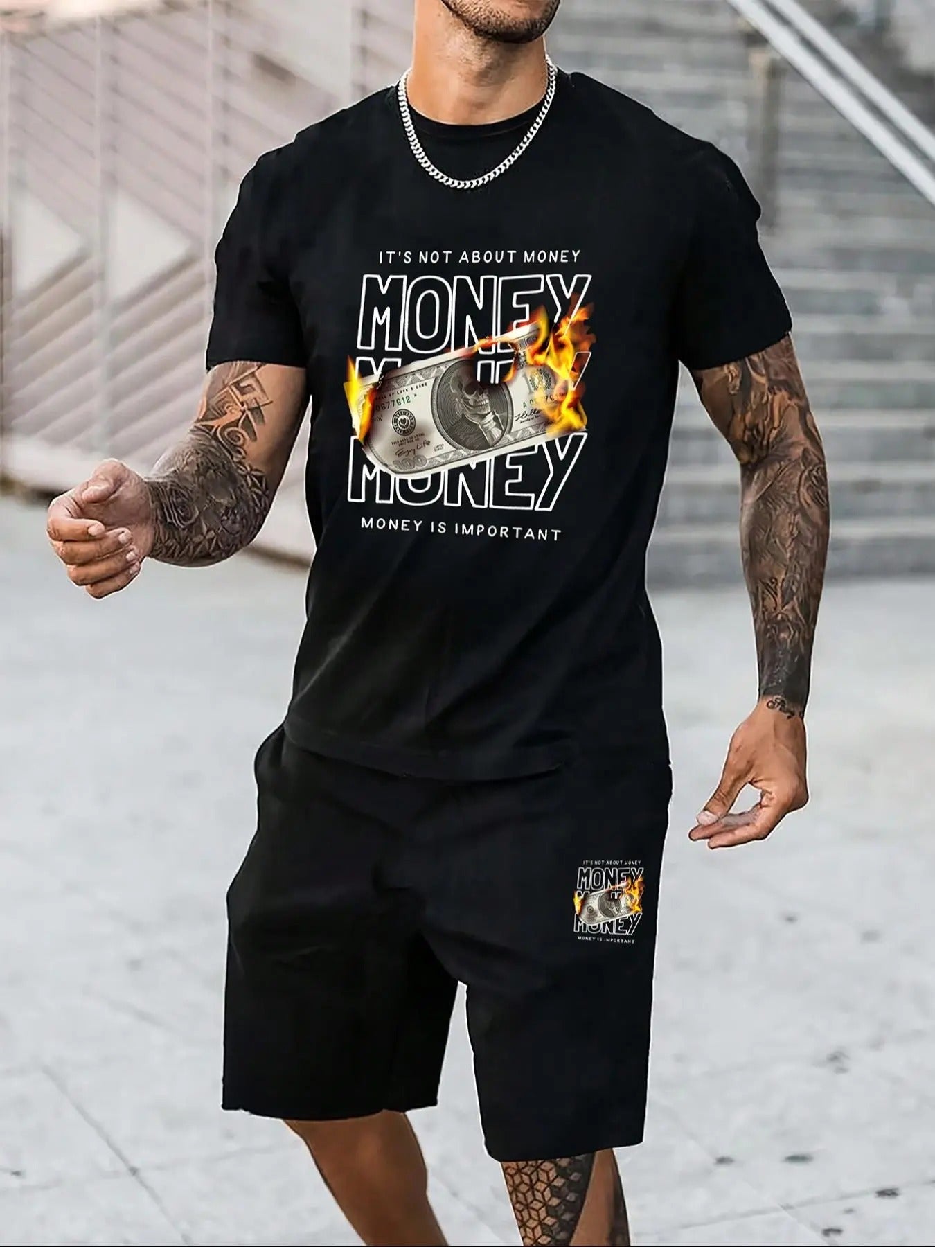 Men'WB shield Cartoon Graphic Print Short Sleeve Tee & Shorts Set, Regular Fit Casual Round Neck T-shirt & Shorts, Men'WB...