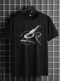 Men'WB shield Cartoon Guitar Print Round Neck Tee, Regular Fit Casual Short Sleeve T-shirt, Men'WB shield Summer Top for...