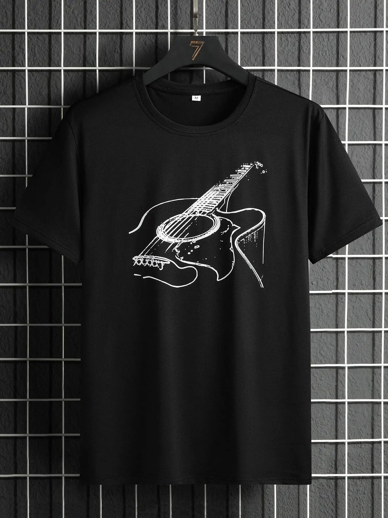 Men'WB shield Cartoon Guitar Print Round Neck Tee, Regular Fit Casual Short Sleeve T-shirt, Men'WB shield Summer Top for...