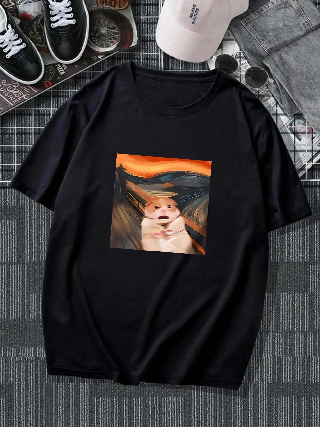 Men'WB shield Cartoon Hamster Print Round Neck Tee, Casual Short Sleeve Crew Neck T-shirt for Summer, Fashion Men'WB...
