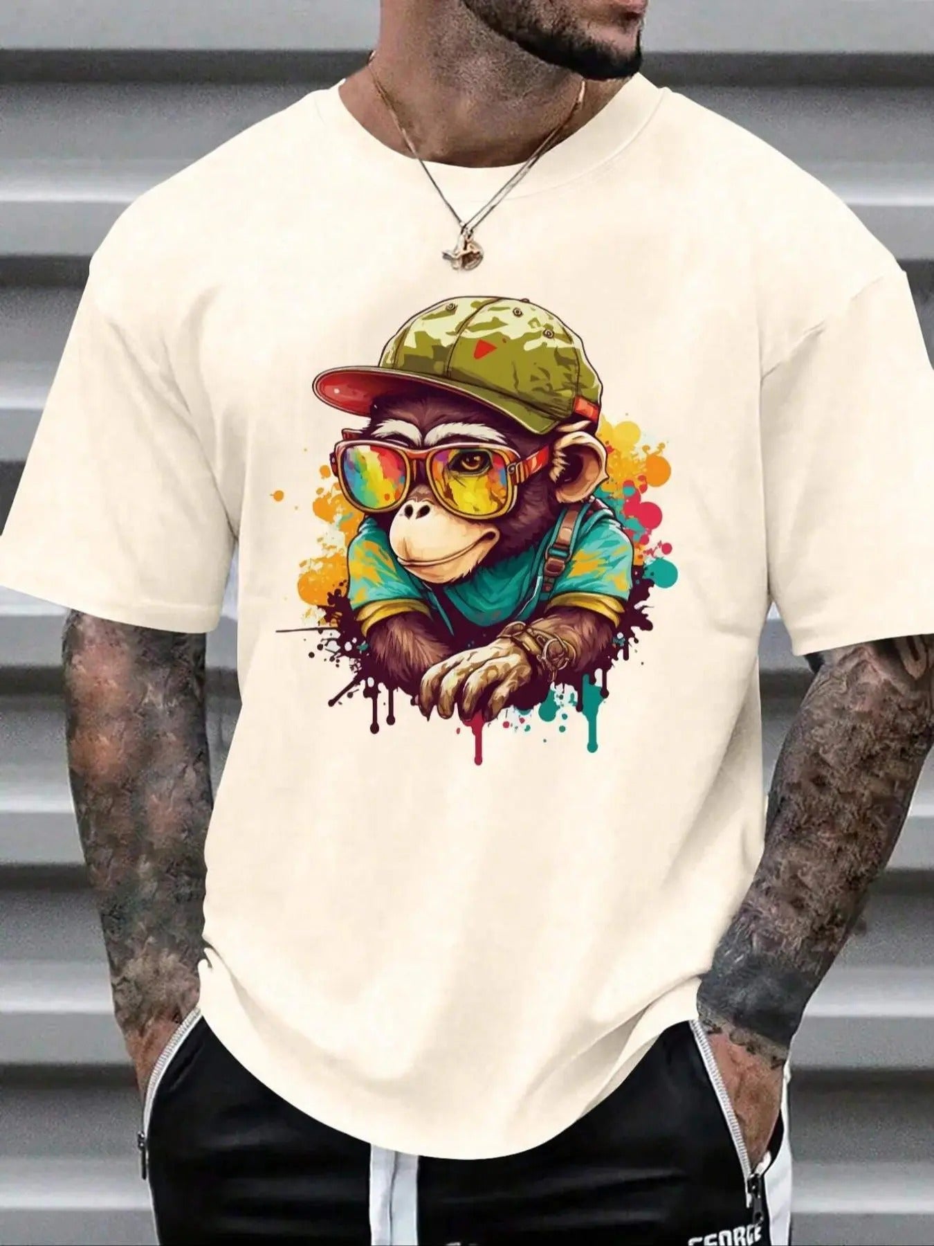 Men'WB shield Cartoon Monkey Print Drop Shoulder Tee, Regular Fit Casual Street FOG Comfy Round Neck Half Sleeve T-Shirt...