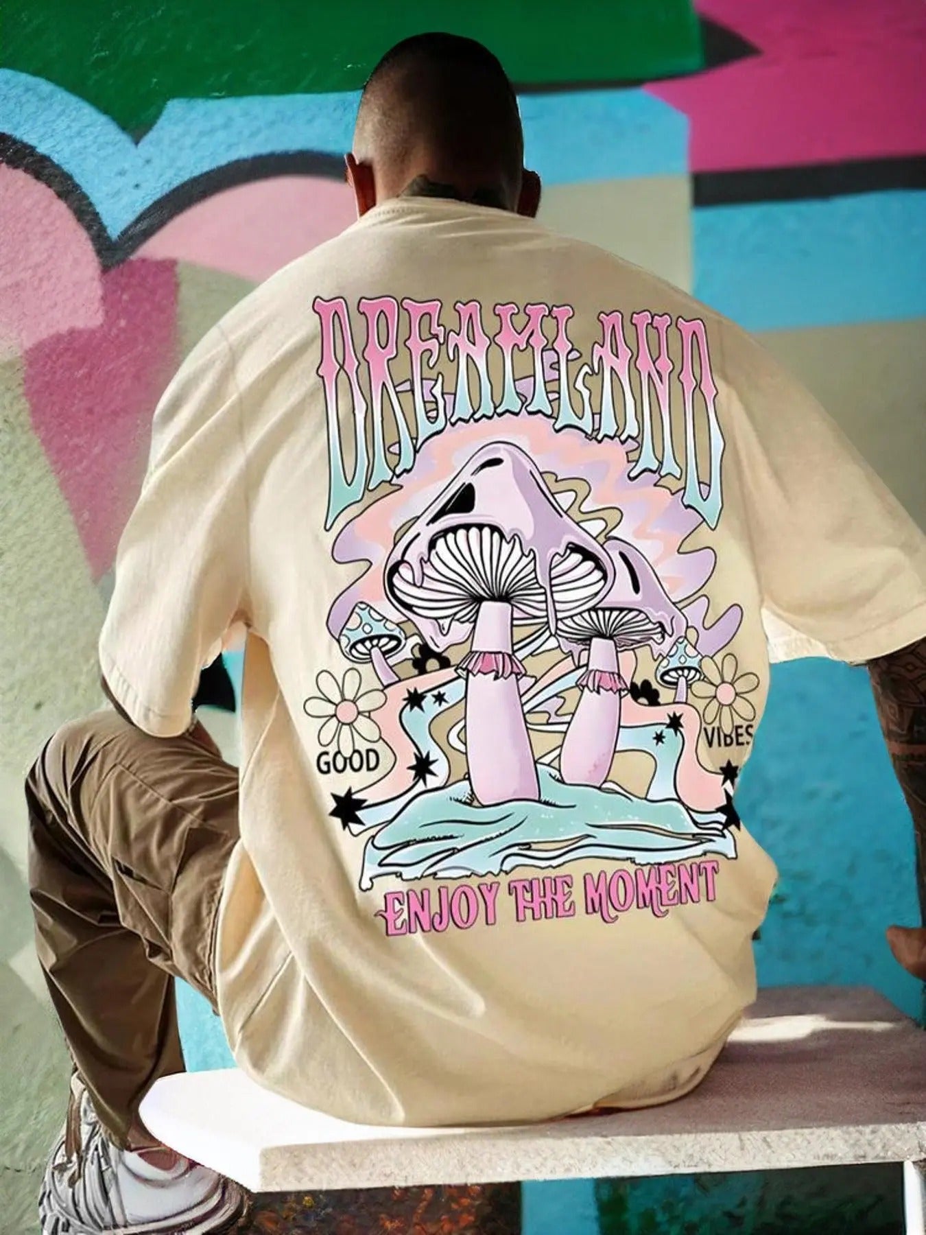 Men'WB shield Cartoon Mushroom Print Round Neck Tee, Regular Fit Casual Drop Shoulder Half Sleeve Graphic T-shirt,...