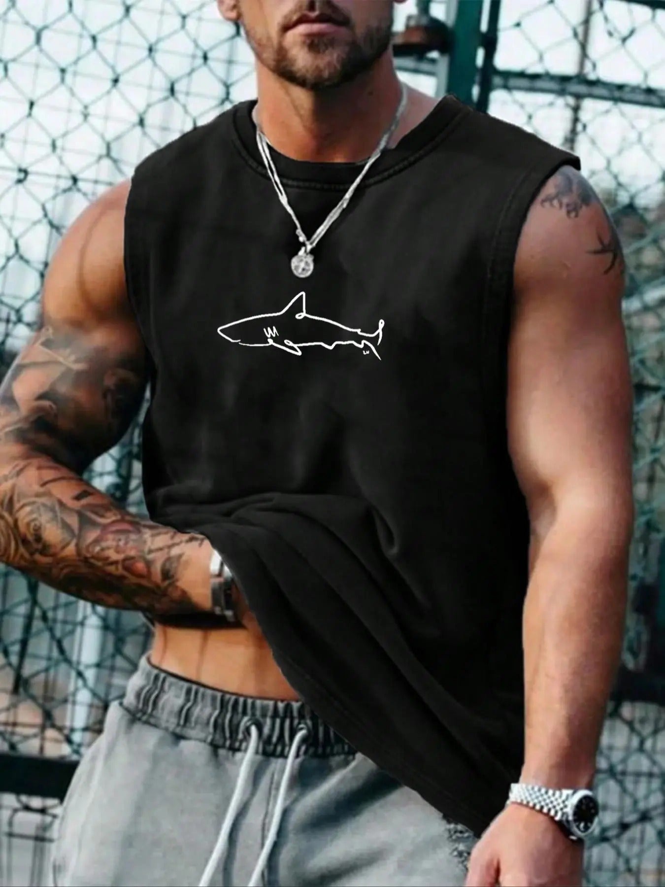 Men'WB shield Cartoon Shark Print Round Neck Tank Top, Casual Regular Fit Sleeveless Crew Neck Top for Summer, Fashion...
