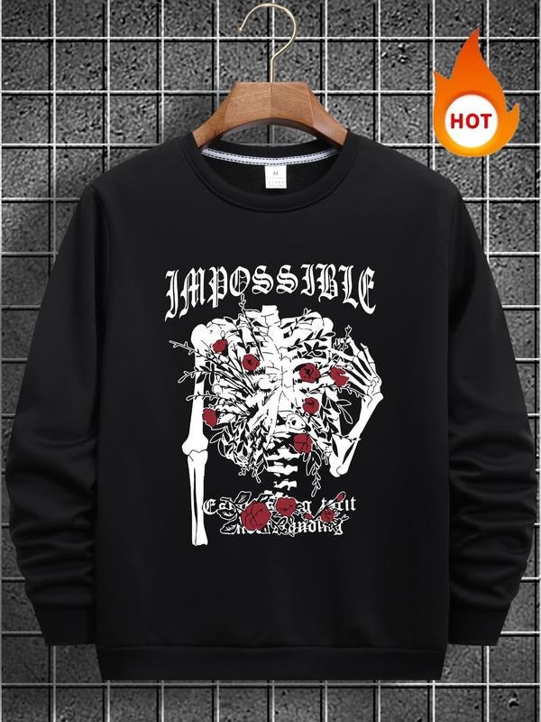 Men'WB shield Cartoon Skeleton & Floral Print Drop Shoulder TNF Lined Sweatshirt, Regular Fit Casual FOG Comfy Long...