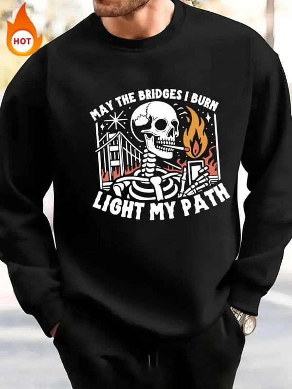 Men'WB shield Cartoon Skeleton & Letter Print Drop Shoulder Polar Fleece Sweatshirt, Casual FOG Comfy Long Sleeve Round...