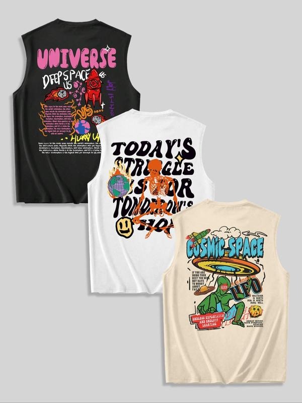 Men'WB shield Cartoon Space & Letter Print Round Neck Tank Top, Regular Fit Casual Sleeveless Top for Summer, Fashion...
