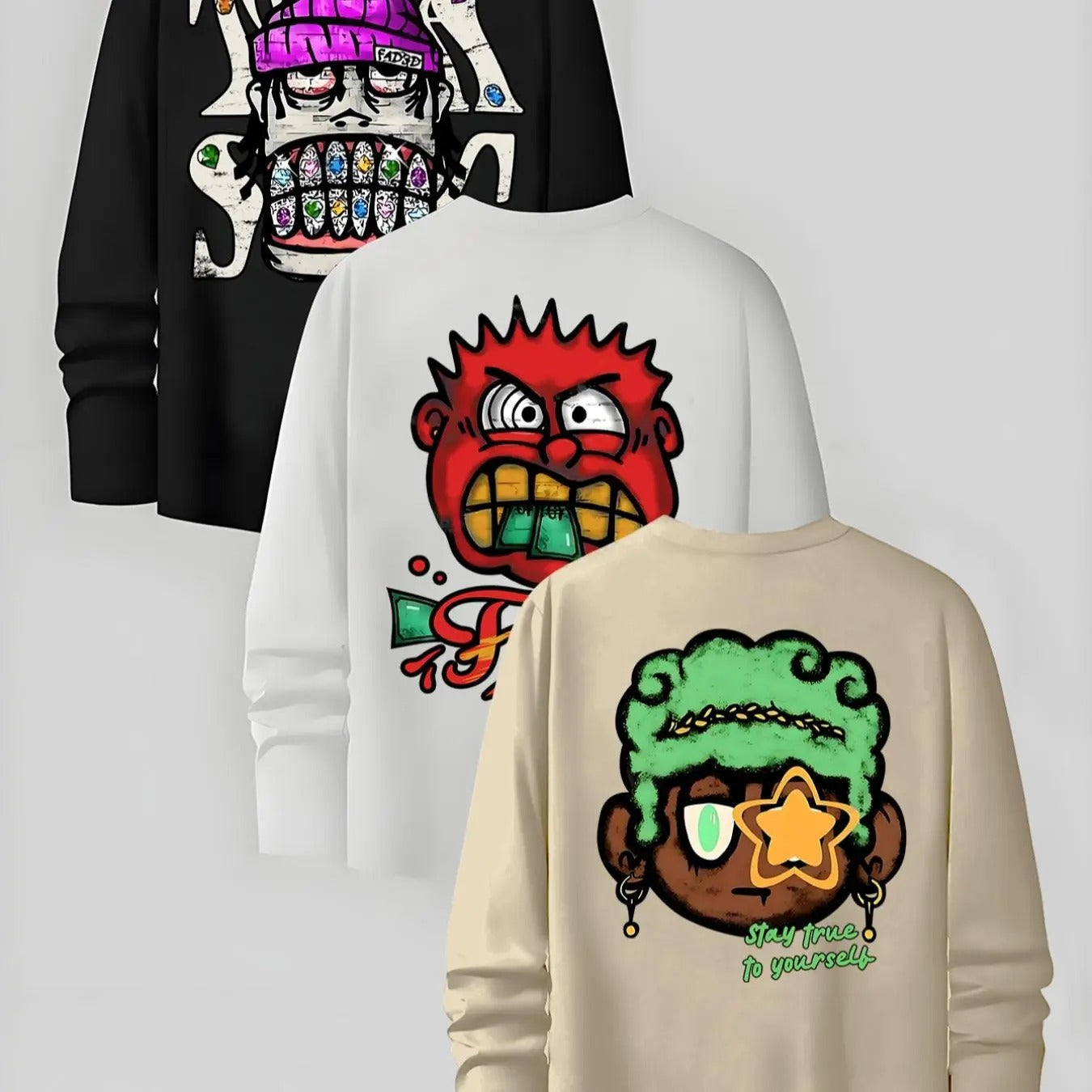 Men'WB shield Cartoon TNF & Letter Print Long Sleeve Tee, Regular Fit Casual Round Neck T-shirt for Fall, Men'WB shield...