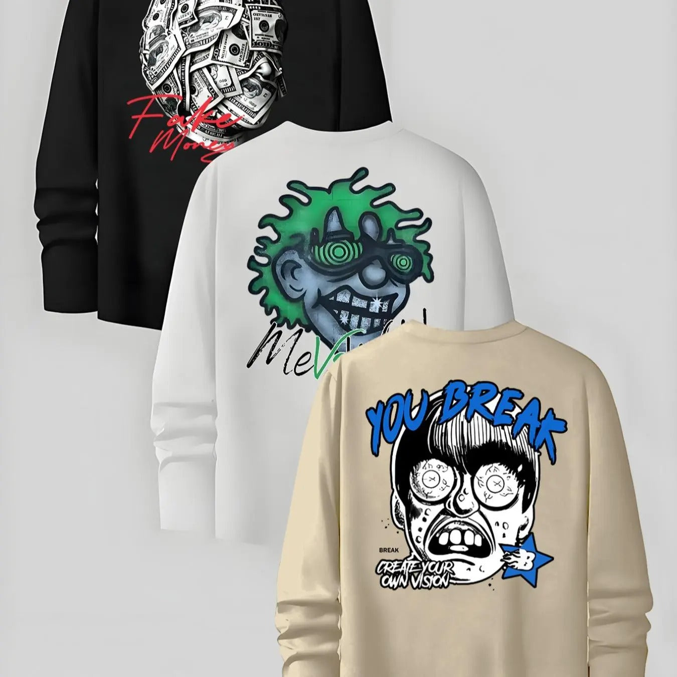 Men'WB shield Cartoon TNF & Letter Print Long Sleeve Tee, Regular Fit Casual Street Round Neck T-shirt for Fall, Men'WB...