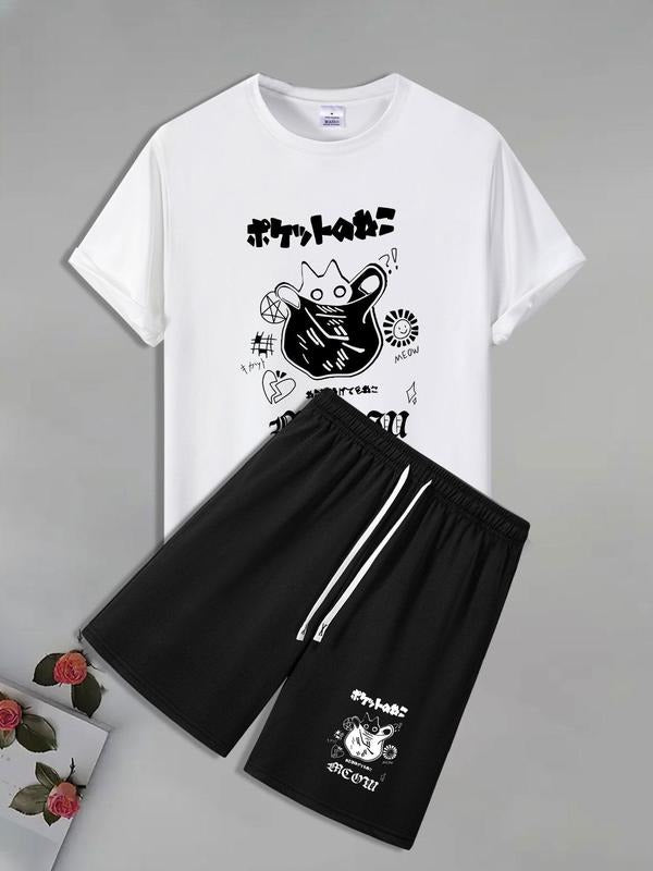 Men'WB shield Cat Print Short Sleeve Tee & Shorts Straw hat pirates Set, Loose Casual Round Neck T-shirt & Shorts, Men'WB...