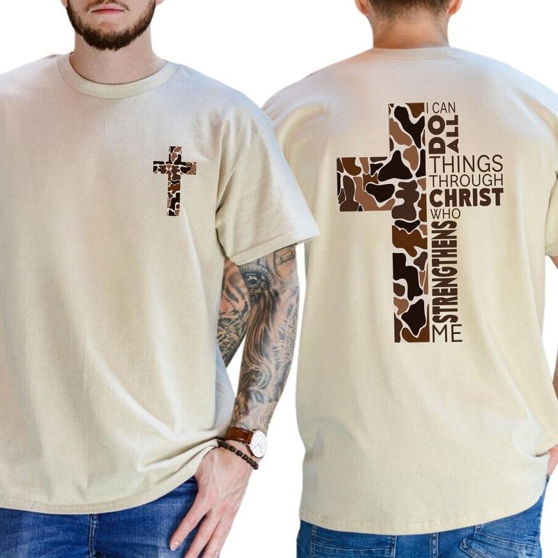 Men'WB shield Christian Camo Cross 2 Sided T-shirt, Swoosh Can Red plumber brand Spiky hair fighters Things Through...