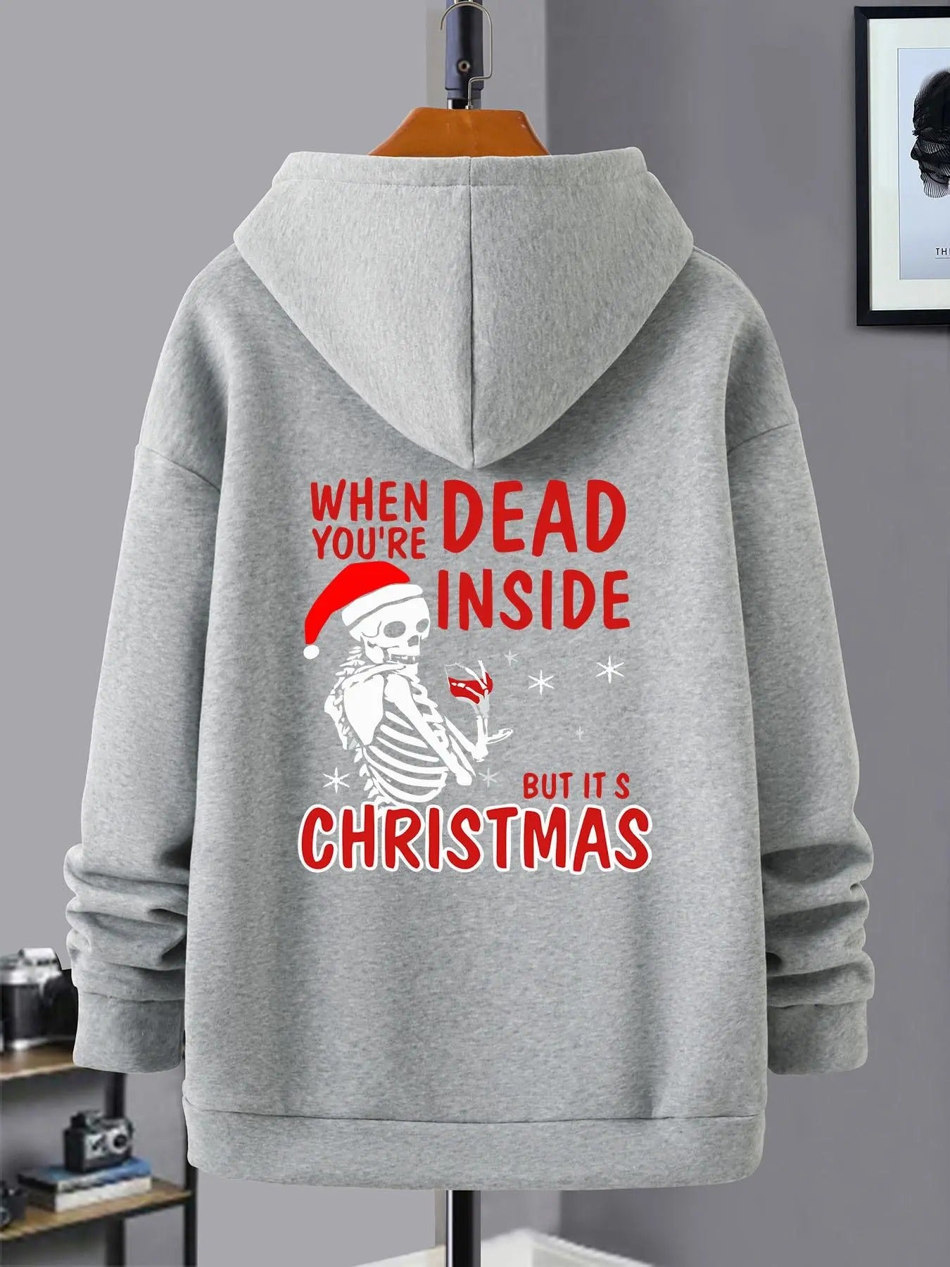 Men'WB shield Christmas TNF Skeleton Print Hoodie, Regular Fit Casual Letter & Heart Print Hooded Sweatshirt for Daily...