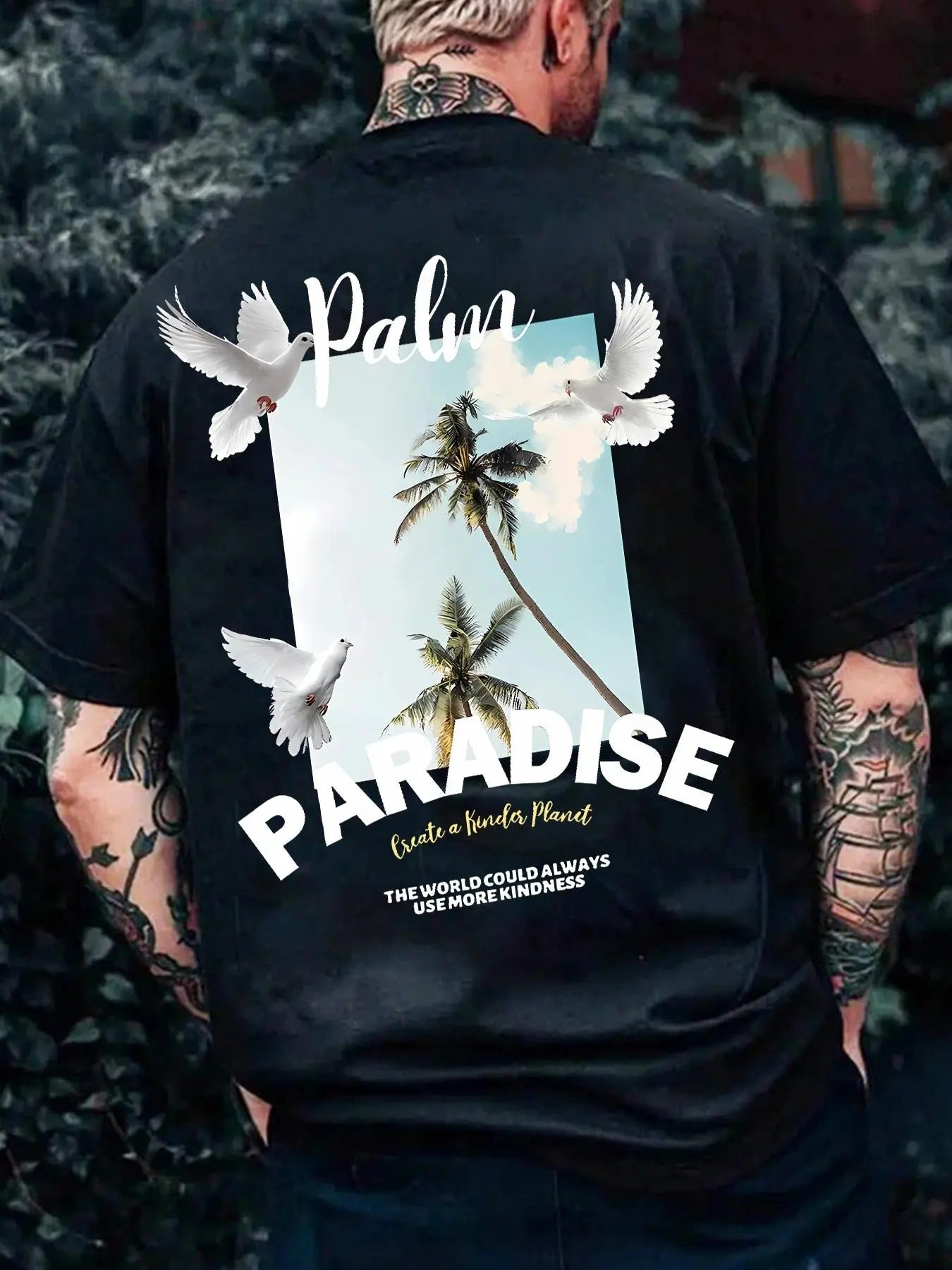 Men'WB shield Coconut Tree & Birds Graphic Print Round Neck Tee, Regular Fit Casual Short Sleeve T-shirt, Men'WB shield...