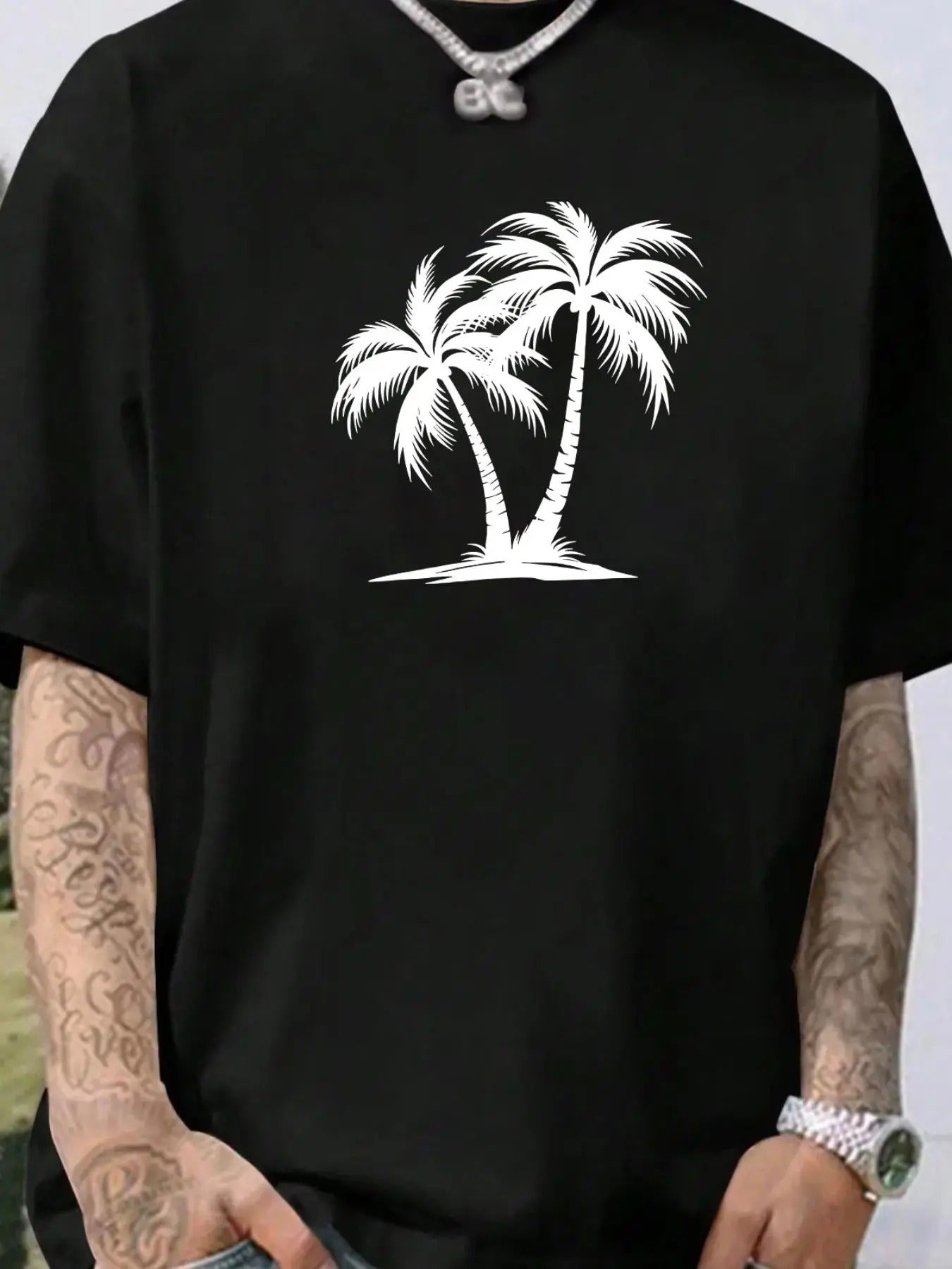 Men'WB shield Coconut Tree Print Round Neck Tee, Casual Short Sleeve Crew Neck T-shirt for Summer, Fashion Men'WB shield...