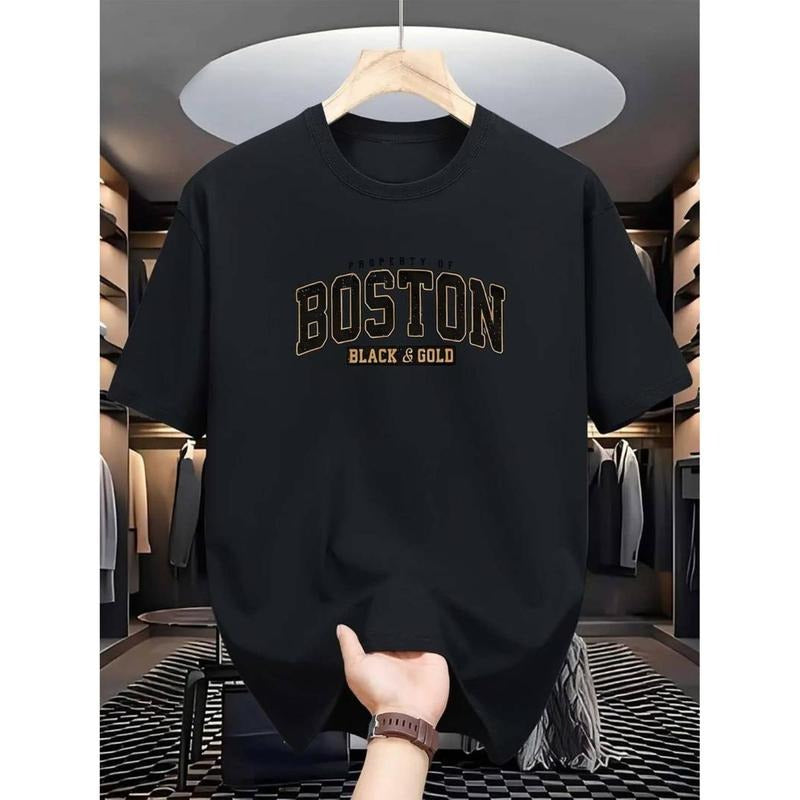 Men'WB shield Comfortable 100% Polyester Knit Fabric Casual Crew Neck T-Shirt with Boston Print, Slight Stretch, Summer...